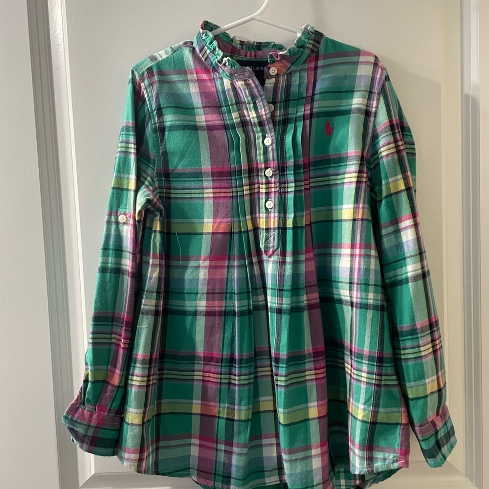 Ralph Lauren Green Plaid Ruffle-Neck Blouse/Tunic with Pink & Yellow Accents